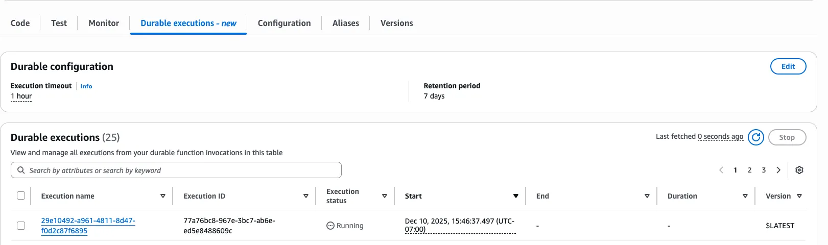 Durable executions tab