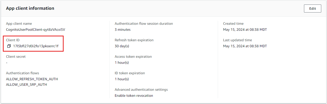 AWS Console showing an application client in Cognito where we can grab the client id