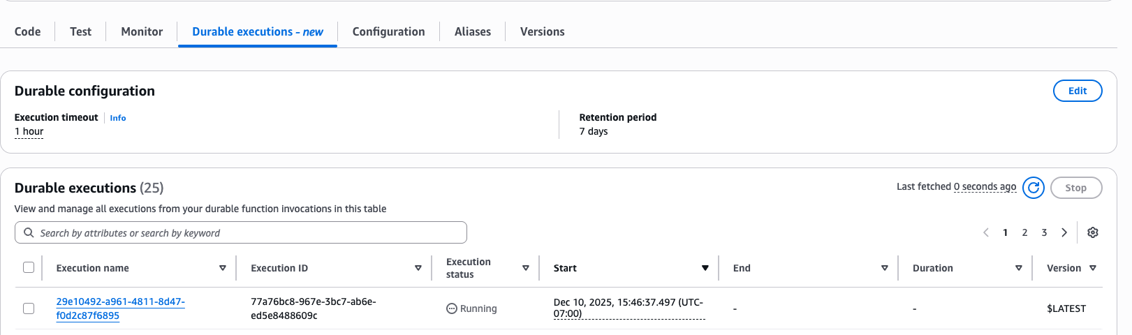 Durable executions tab