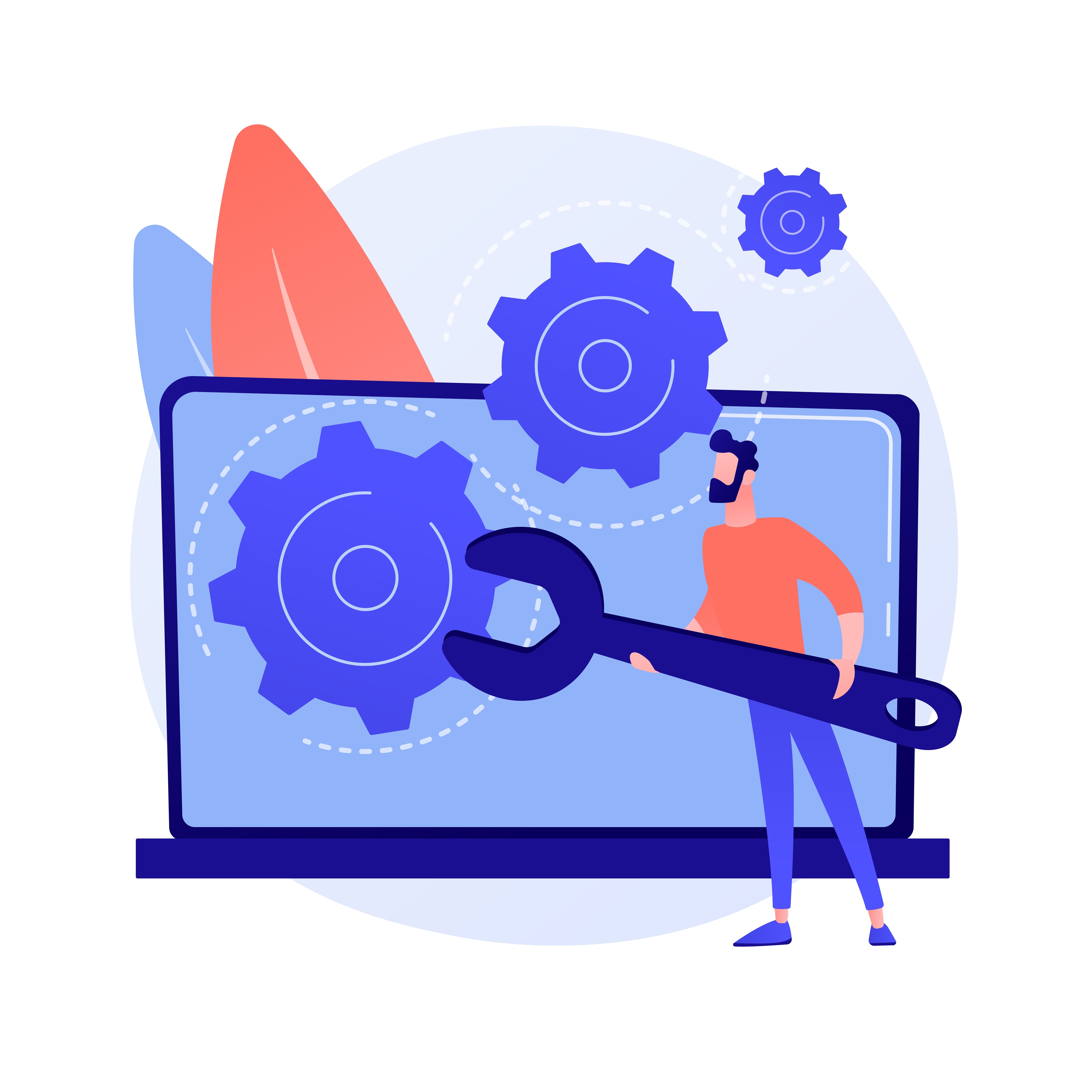 Cartoon image of a laptop with gears and a person with a big wrench